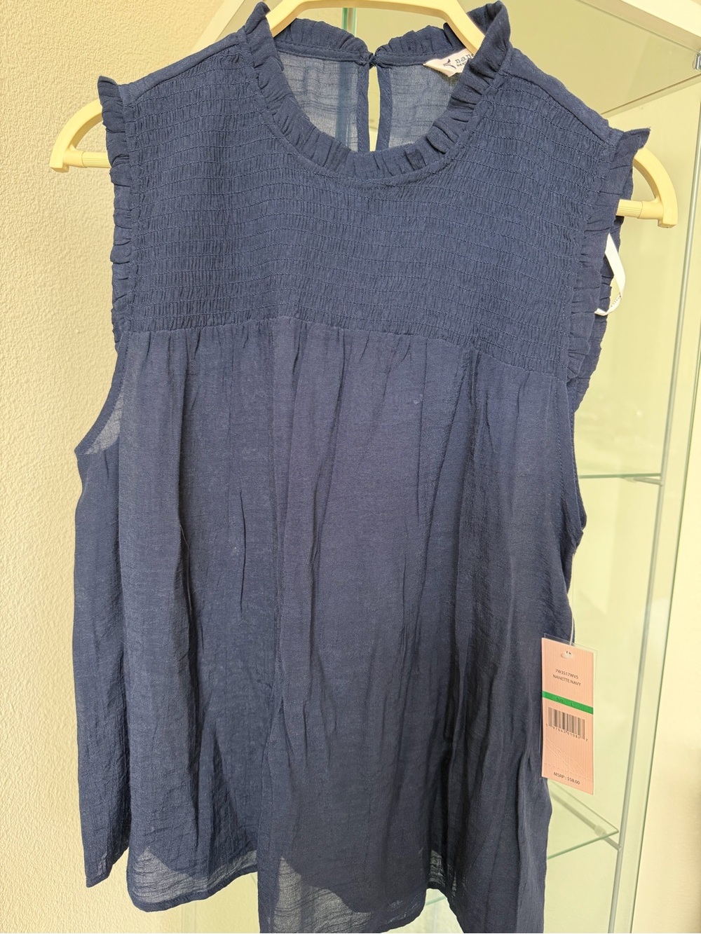 Nanette Lepore Navy Sleeveless Ruffle Smocked Yoke Top